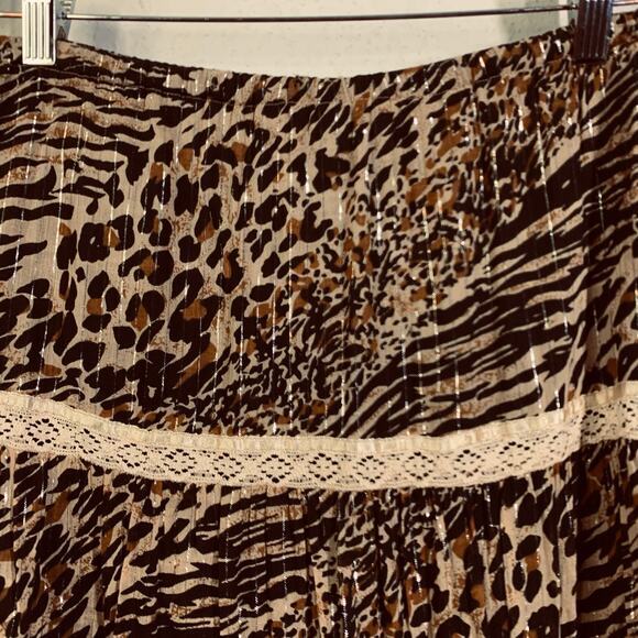 ZOE D. Skirt Maxi Leopard Lace Tiered Elastic Waist Metallic Thread Prairie - Picture 5 of 14